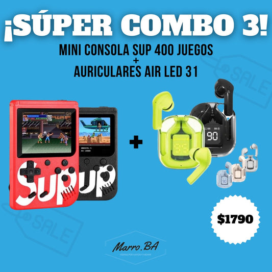 COMBO MINI CONSOLA RETRO 400 JUEGOS + AURICULARES AIR LED 31
