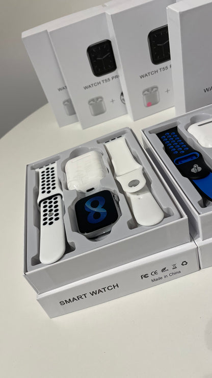 KIT SMART WATCH T55 PRO MAX + 2 MALLAS + AURICULARES I12