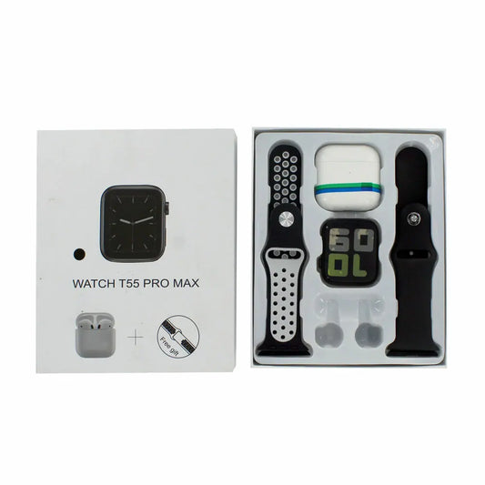 KIT SMART WATCH T55 PRO MAX + 2 MALLAS + AURICULARES I12