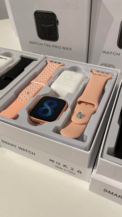 KIT SMART WATCH T55 PRO MAX + 2 MALLAS + AURICULARES I12