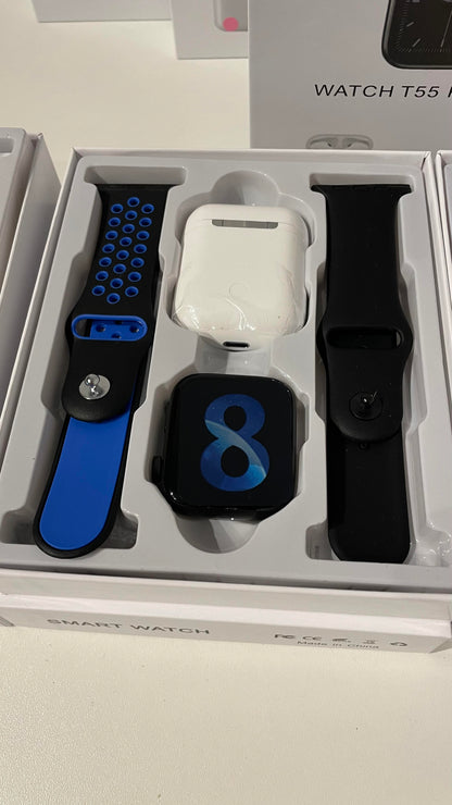 KIT SMART WATCH T55 PRO MAX + 2 MALLAS + AURICULARES I12