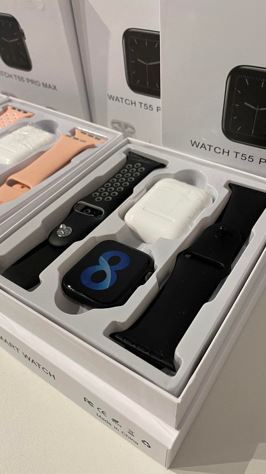 KIT SMART WATCH T55 PRO MAX + 2 MALLAS + AURICULARES I12